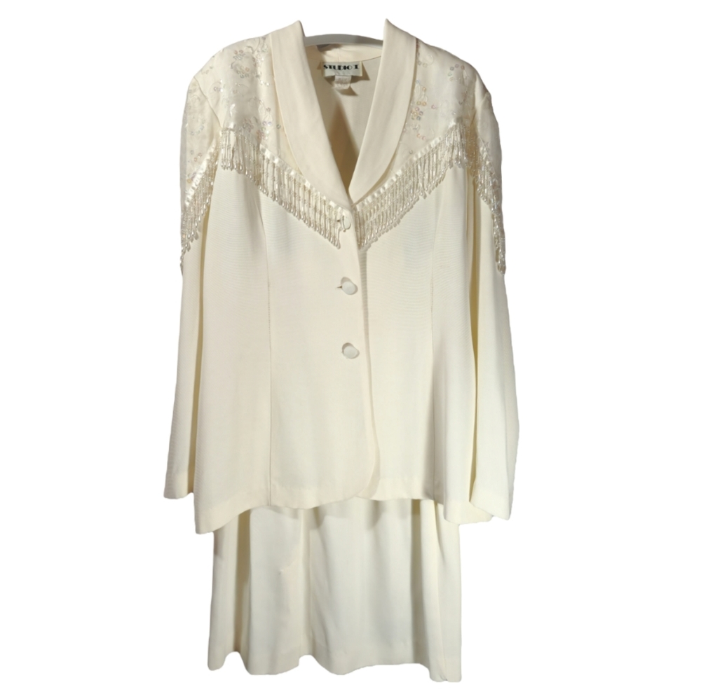 Studio One - Two Piece Sequined and Beaded Tassle Jacket and Skirt in White